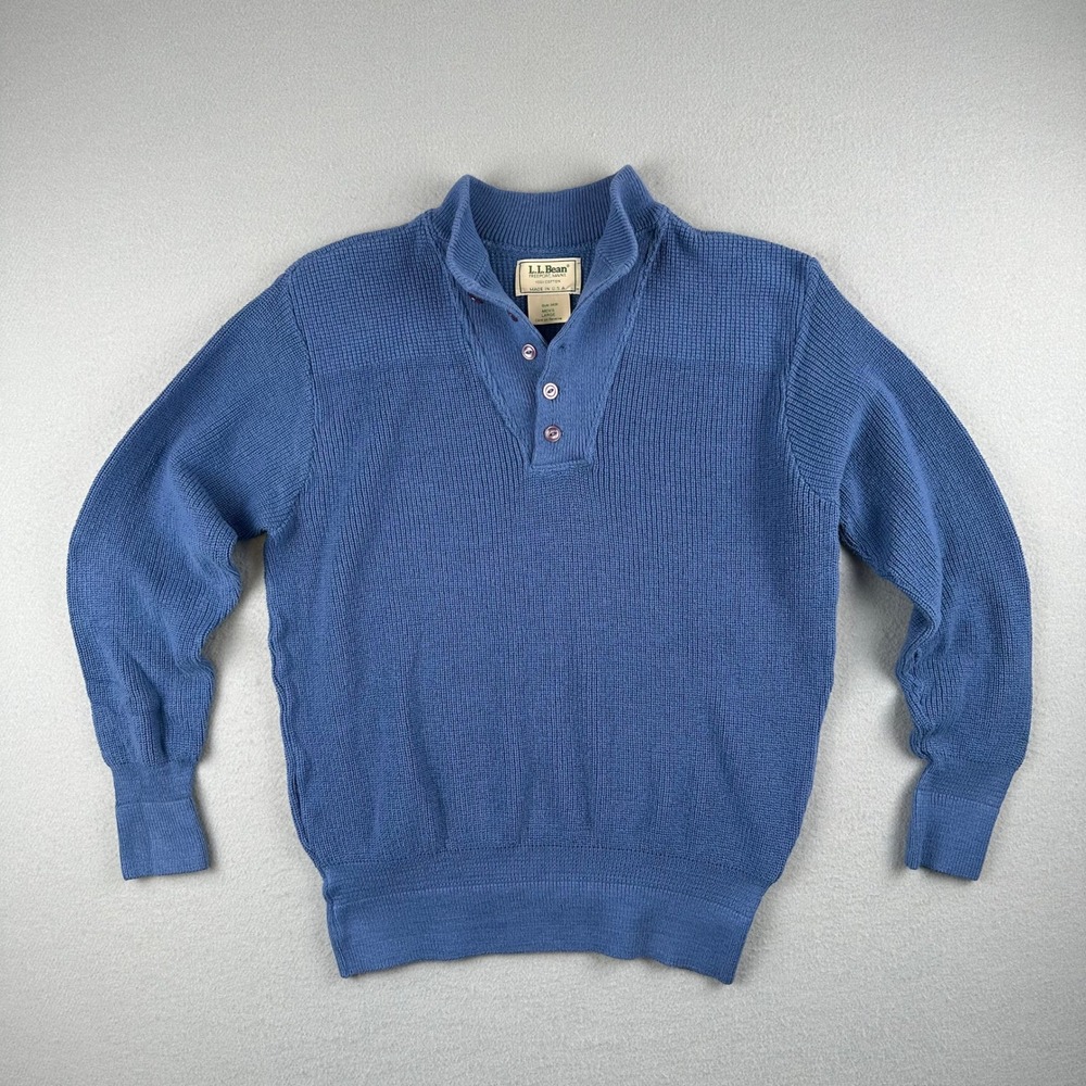 LL Bean Sweater Mens Large Blue Cotton Button Funnel Neck Shaker Knit USA 3409